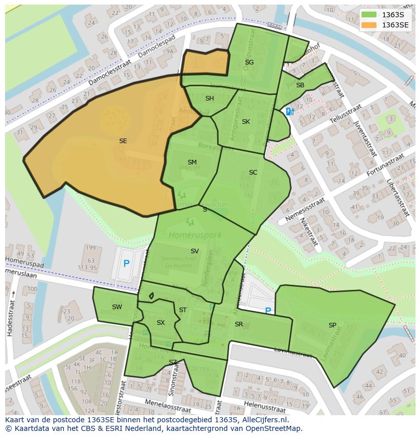 Afbeelding van het postcodegebied 1363 SE op de kaart.