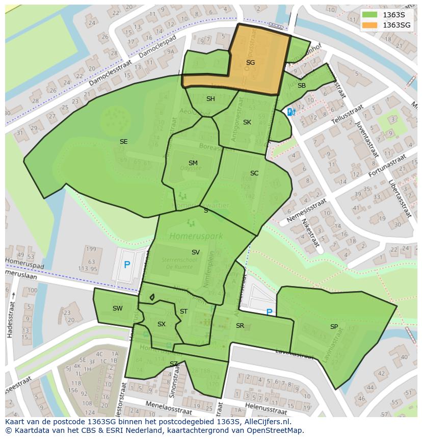 Afbeelding van het postcodegebied 1363 SG op de kaart.