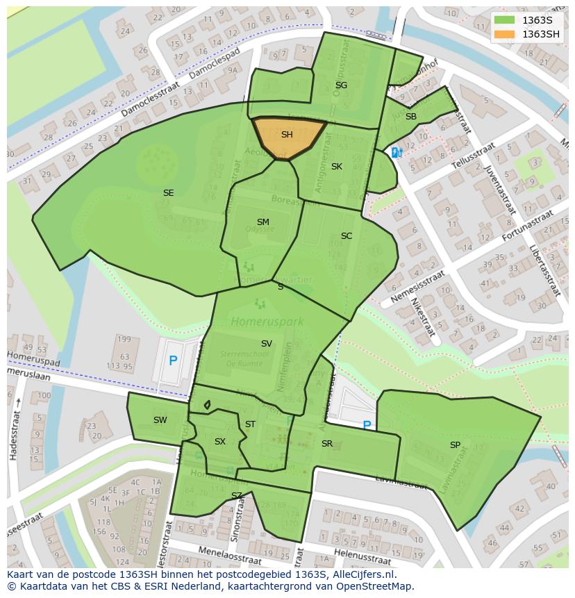 Afbeelding van het postcodegebied 1363 SH op de kaart.
