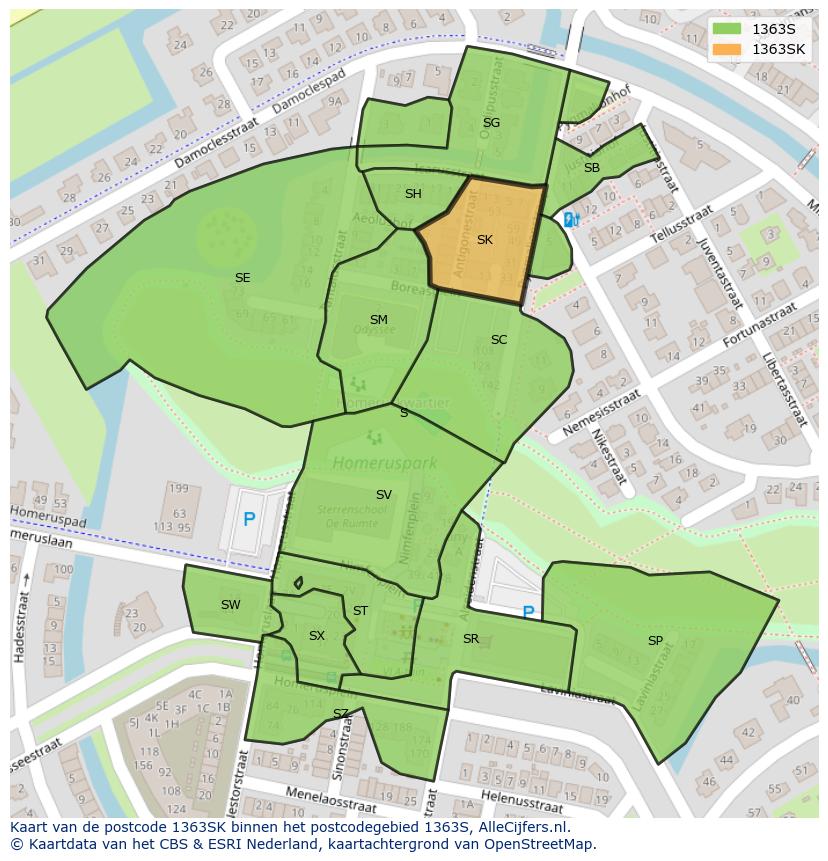 Afbeelding van het postcodegebied 1363 SK op de kaart.