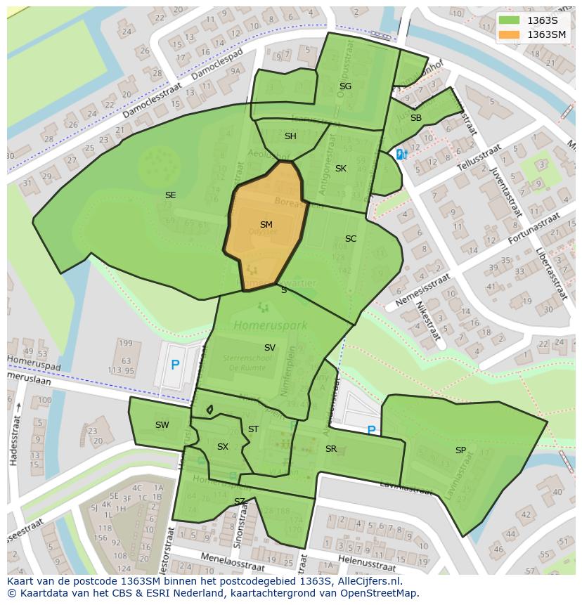 Afbeelding van het postcodegebied 1363 SM op de kaart.