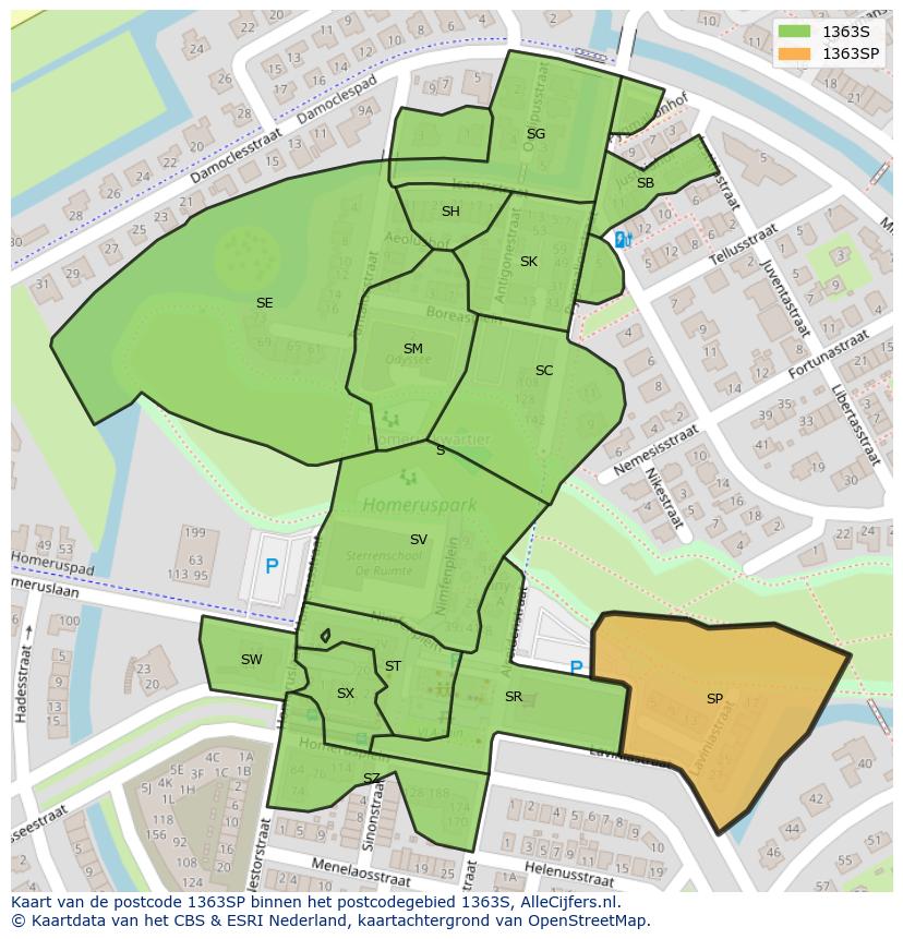 Afbeelding van het postcodegebied 1363 SP op de kaart.