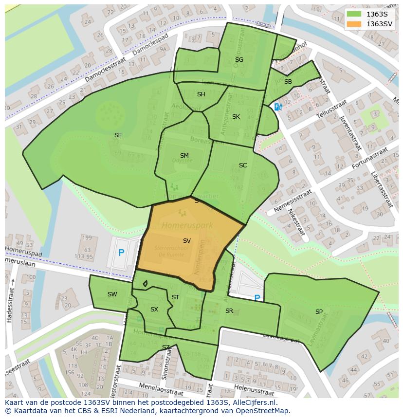 Afbeelding van het postcodegebied 1363 SV op de kaart.