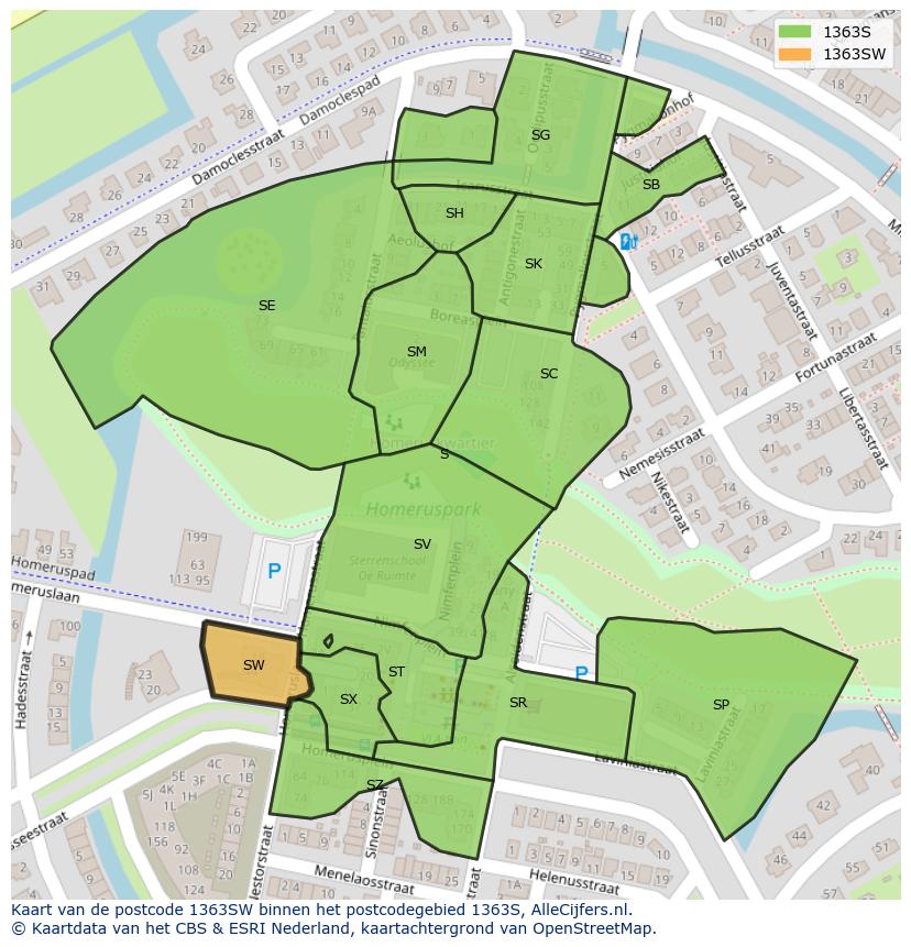 Afbeelding van het postcodegebied 1363 SW op de kaart.
