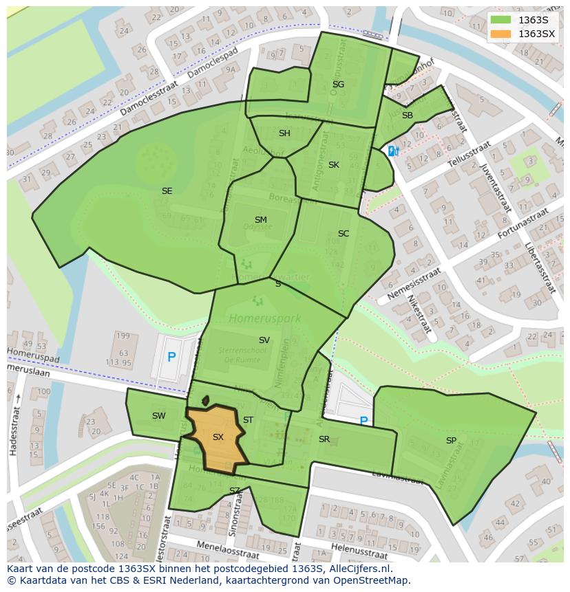 Afbeelding van het postcodegebied 1363 SX op de kaart.