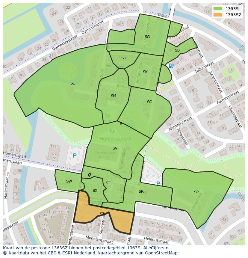 Afbeelding van het postcodegebied 1363 SZ op de kaart.