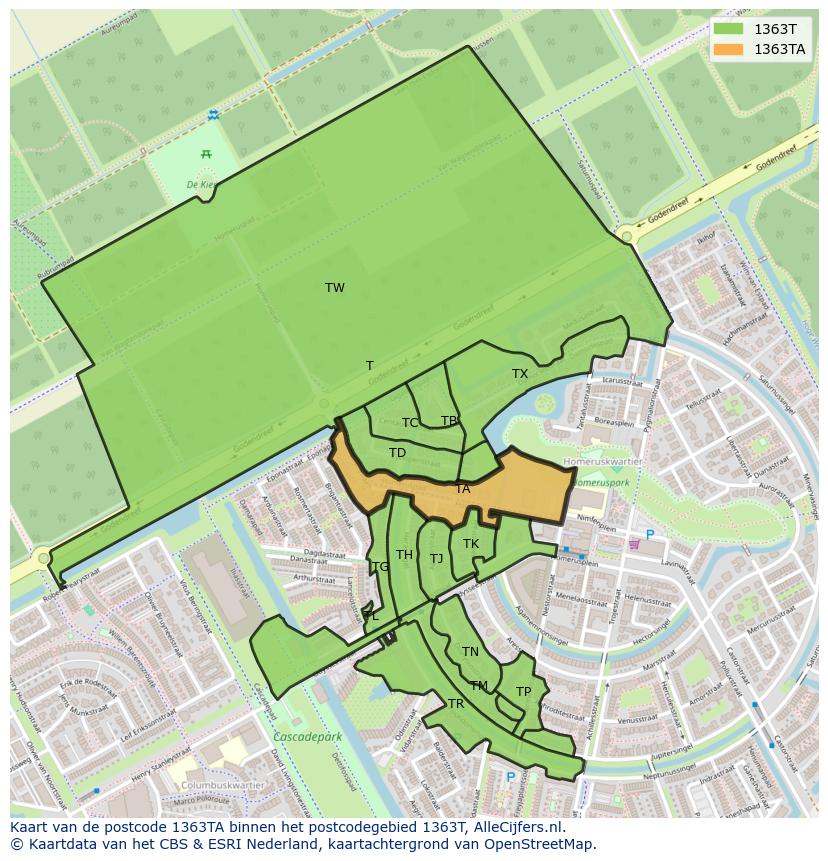 Afbeelding van het postcodegebied 1363 TA op de kaart.