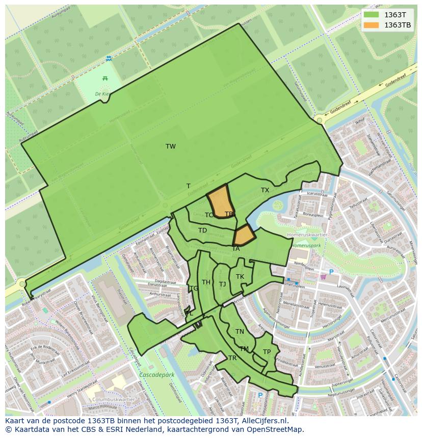 Afbeelding van het postcodegebied 1363 TB op de kaart.