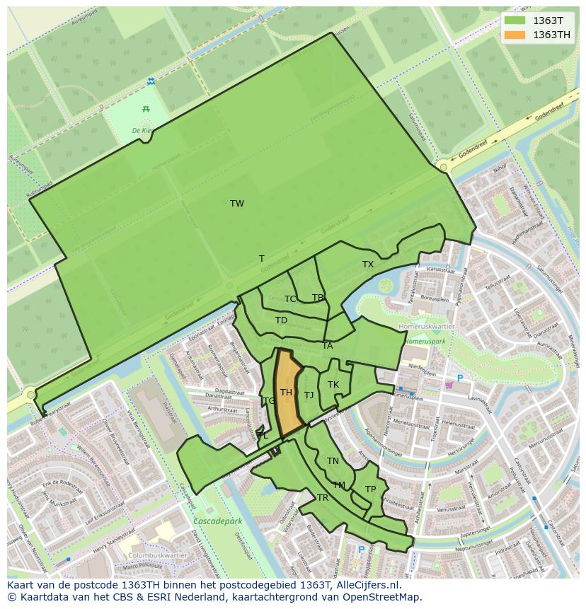 Afbeelding van het postcodegebied 1363 TH op de kaart.
