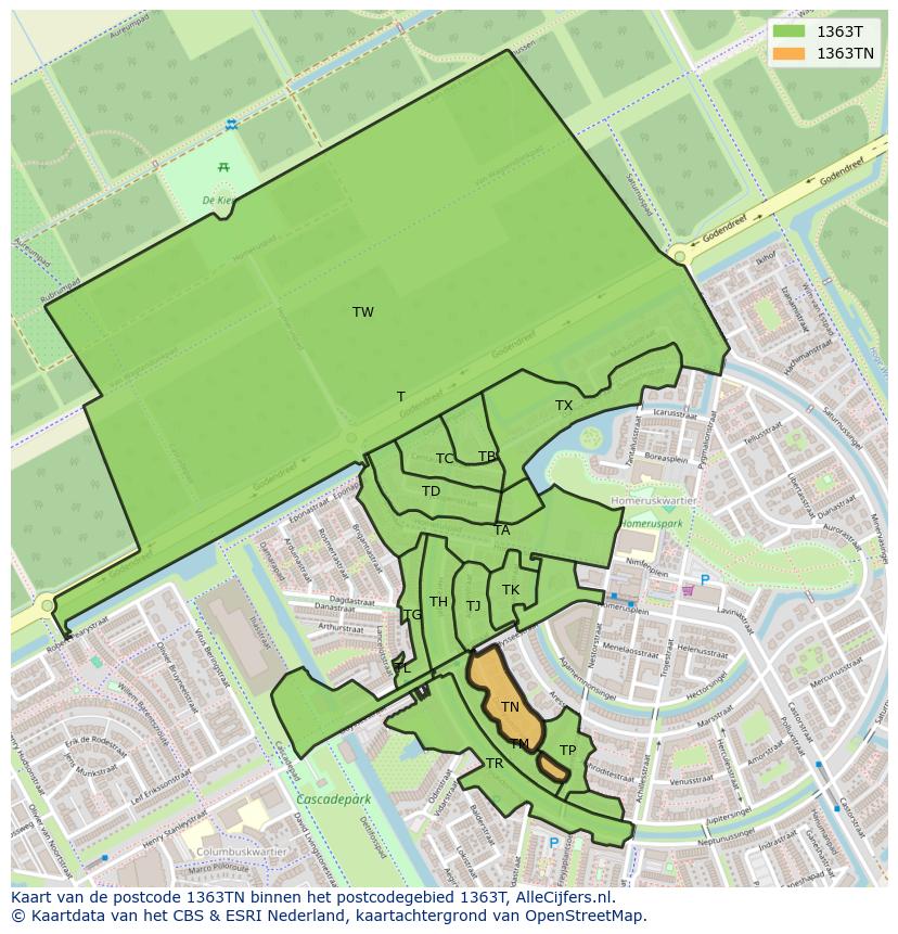 Afbeelding van het postcodegebied 1363 TN op de kaart.