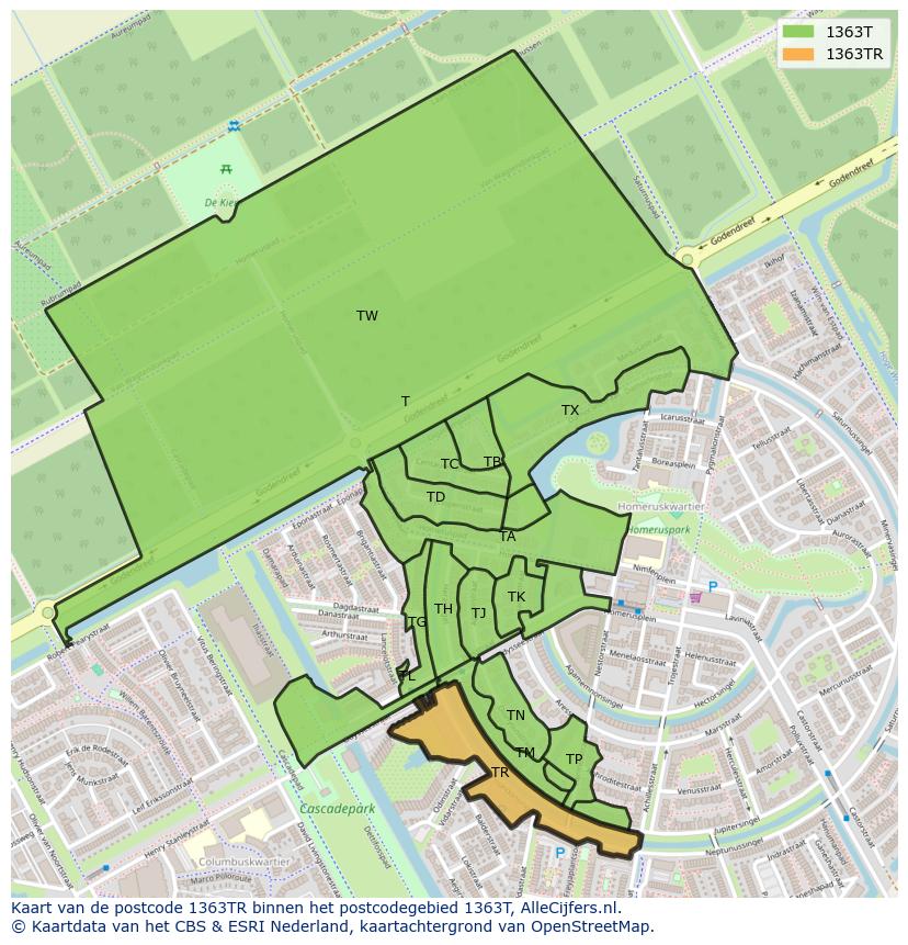 Afbeelding van het postcodegebied 1363 TR op de kaart.
