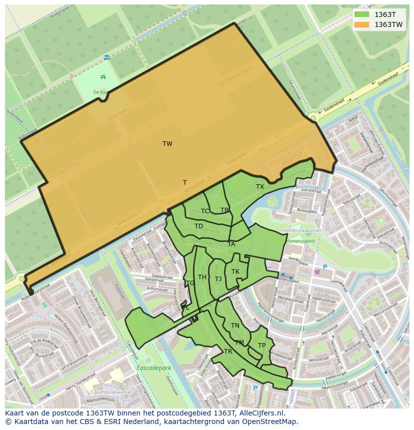 Afbeelding van het postcodegebied 1363 TW op de kaart.