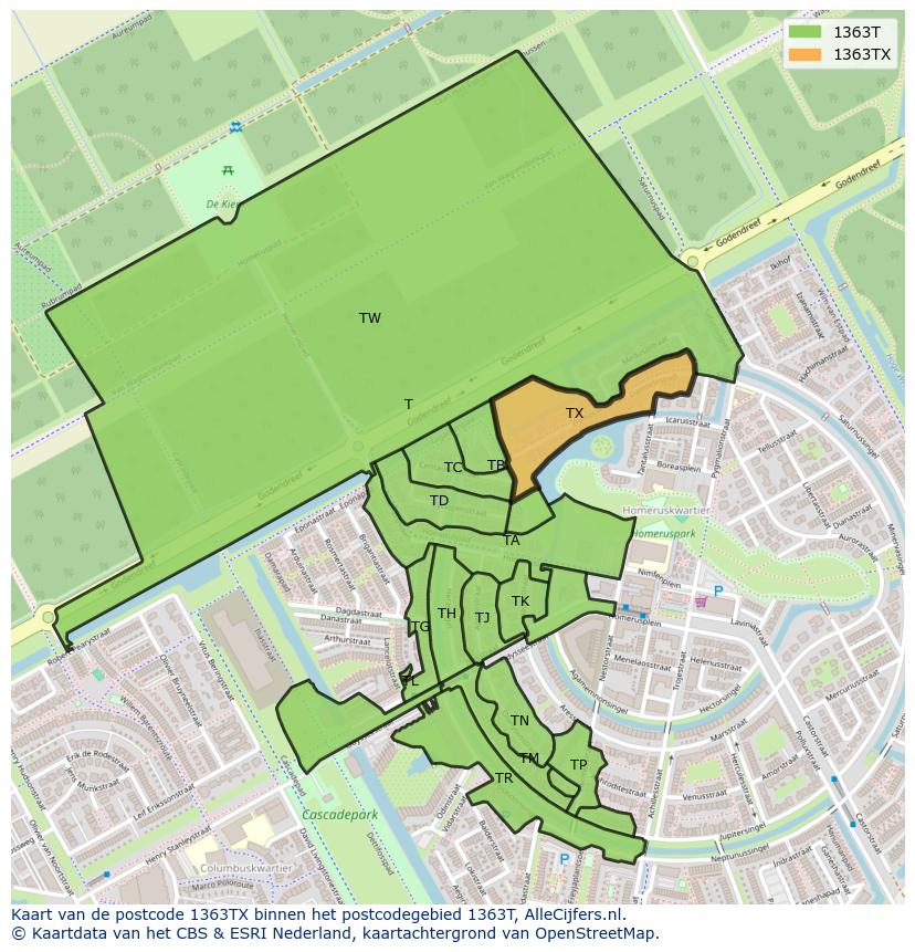 Afbeelding van het postcodegebied 1363 TX op de kaart.