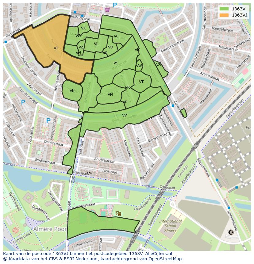 Afbeelding van het postcodegebied 1363 VJ op de kaart.