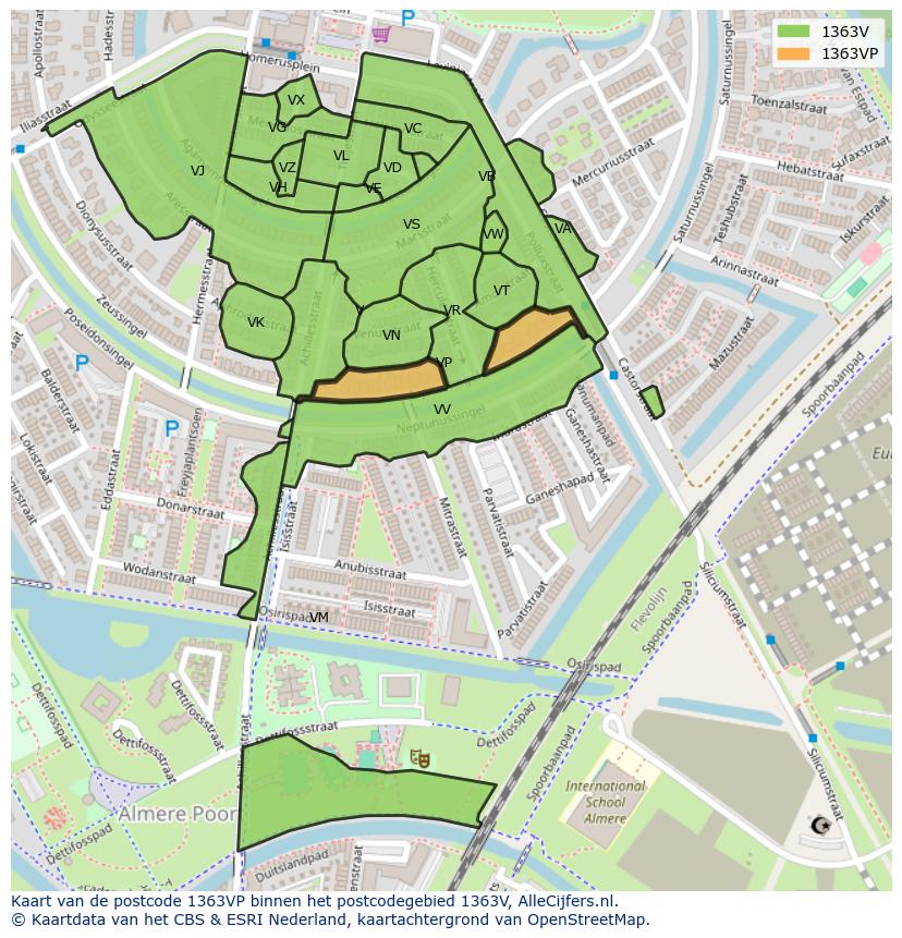 Afbeelding van het postcodegebied 1363 VP op de kaart.