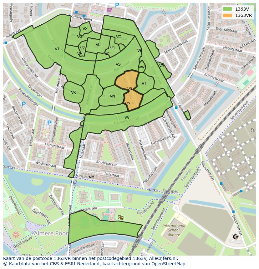 Afbeelding van het postcodegebied 1363 VR op de kaart.
