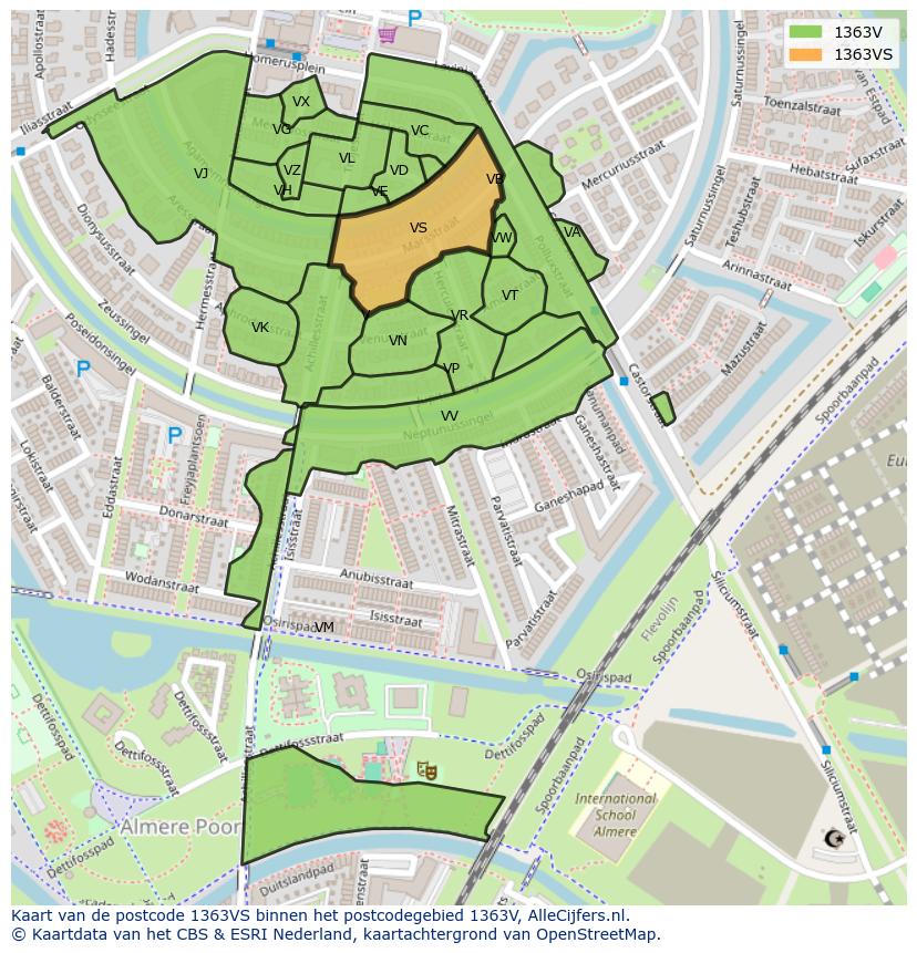 Afbeelding van het postcodegebied 1363 VS op de kaart.