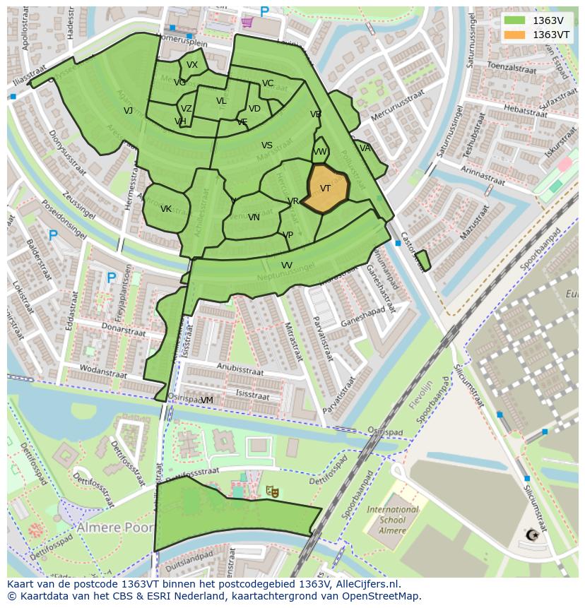 Afbeelding van het postcodegebied 1363 VT op de kaart.