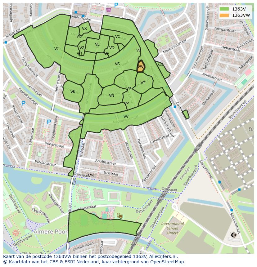Afbeelding van het postcodegebied 1363 VW op de kaart.