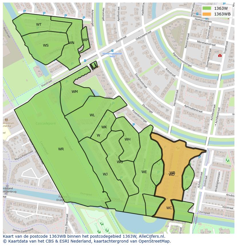 Afbeelding van het postcodegebied 1363 WB op de kaart.