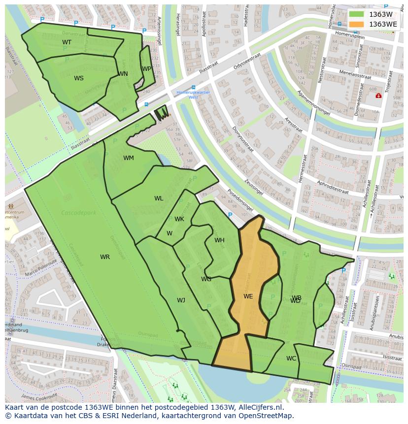 Afbeelding van het postcodegebied 1363 WE op de kaart.