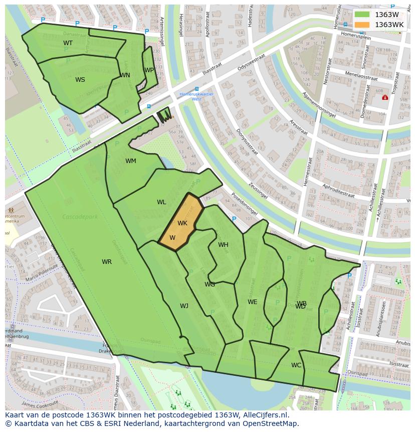 Afbeelding van het postcodegebied 1363 WK op de kaart.