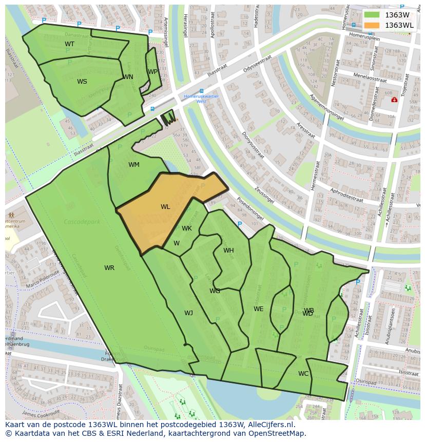 Afbeelding van het postcodegebied 1363 WL op de kaart.
