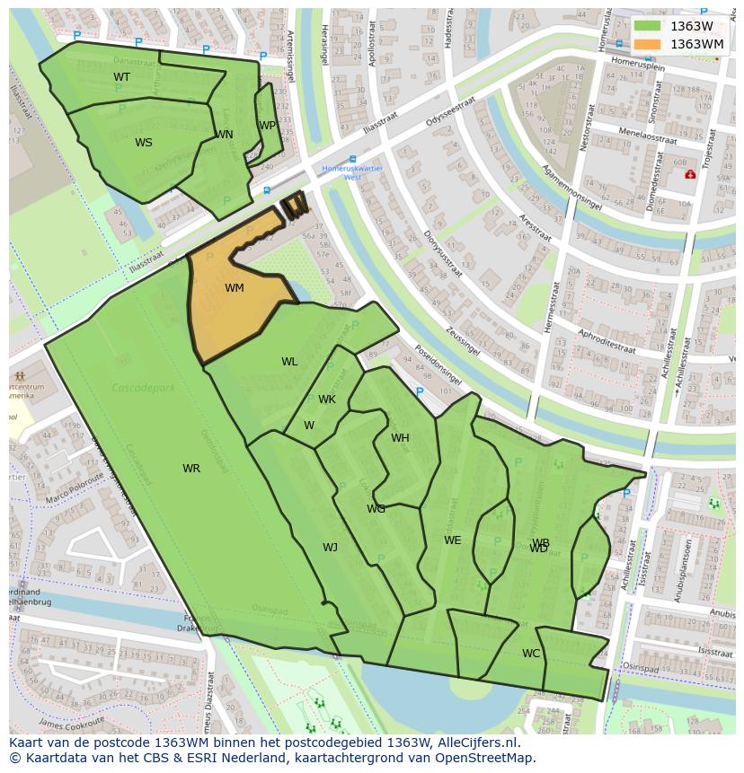 Afbeelding van het postcodegebied 1363 WM op de kaart.