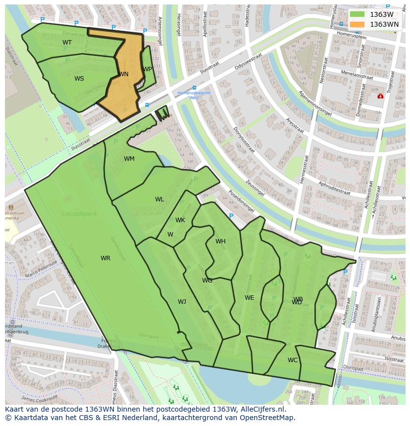 Afbeelding van het postcodegebied 1363 WN op de kaart.