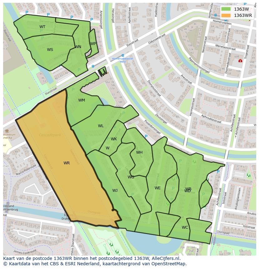 Afbeelding van het postcodegebied 1363 WR op de kaart.