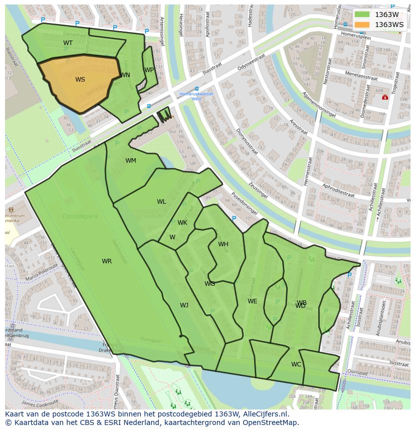 Afbeelding van het postcodegebied 1363 WS op de kaart.