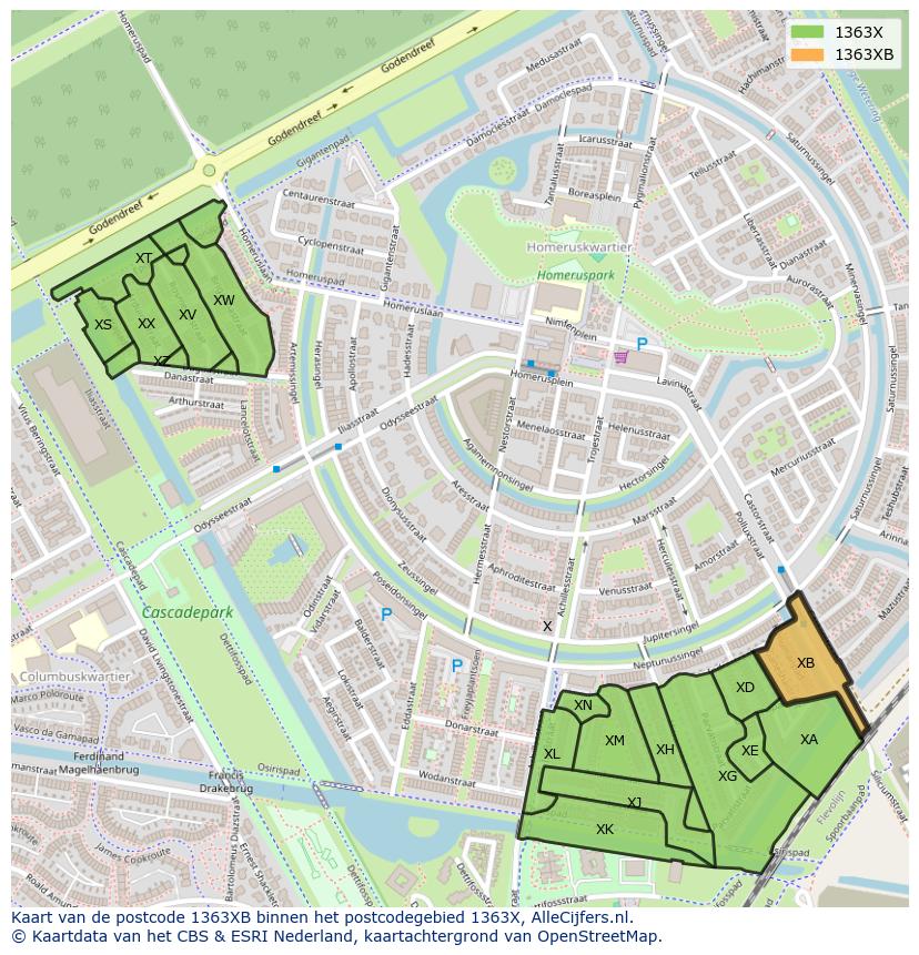 Afbeelding van het postcodegebied 1363 XB op de kaart.