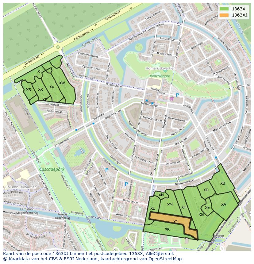 Afbeelding van het postcodegebied 1363 XJ op de kaart.