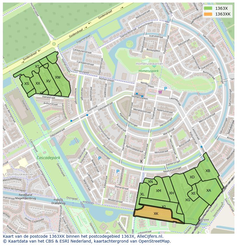 Afbeelding van het postcodegebied 1363 XK op de kaart.