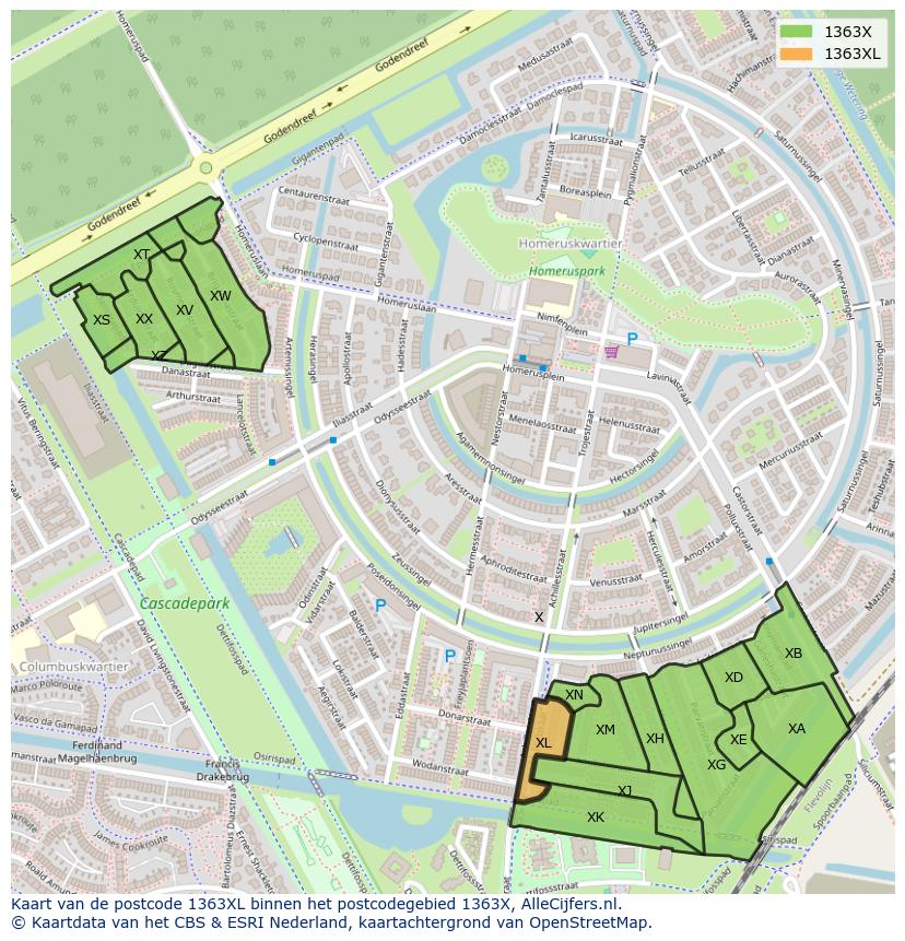 Afbeelding van het postcodegebied 1363 XL op de kaart.