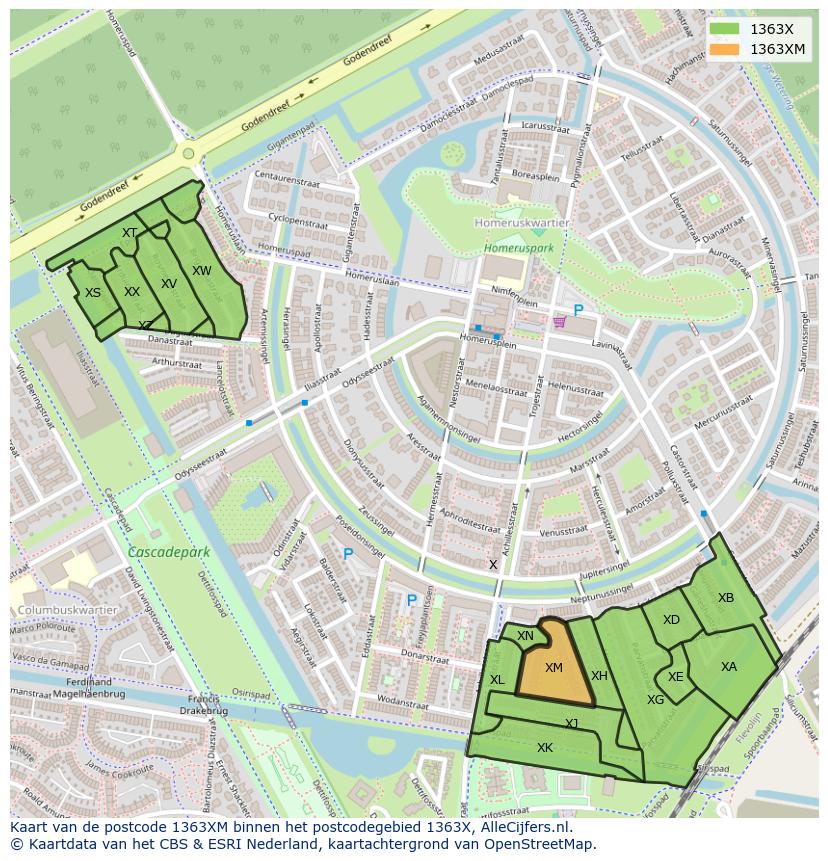 Afbeelding van het postcodegebied 1363 XM op de kaart.