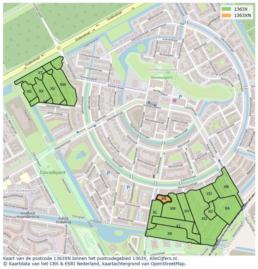 Afbeelding van het postcodegebied 1363 XN op de kaart.