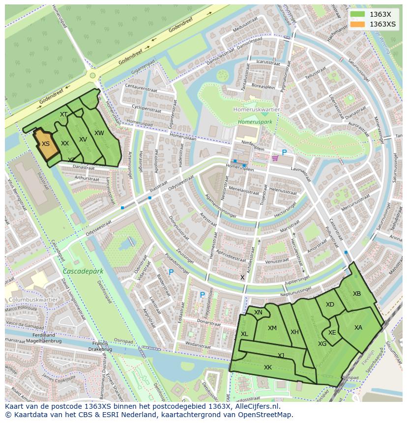 Afbeelding van het postcodegebied 1363 XS op de kaart.
