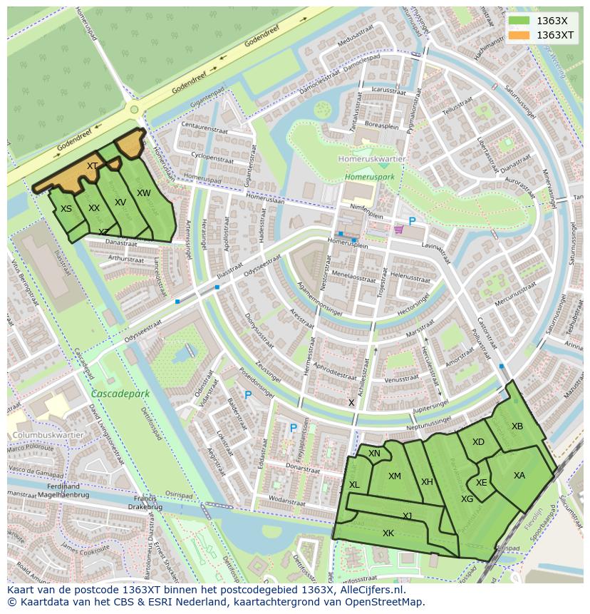 Afbeelding van het postcodegebied 1363 XT op de kaart.