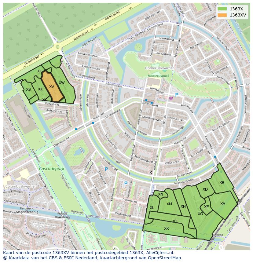 Afbeelding van het postcodegebied 1363 XV op de kaart.