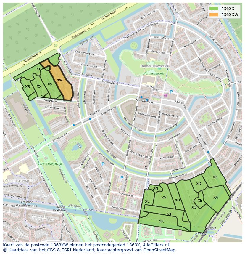 Afbeelding van het postcodegebied 1363 XW op de kaart.