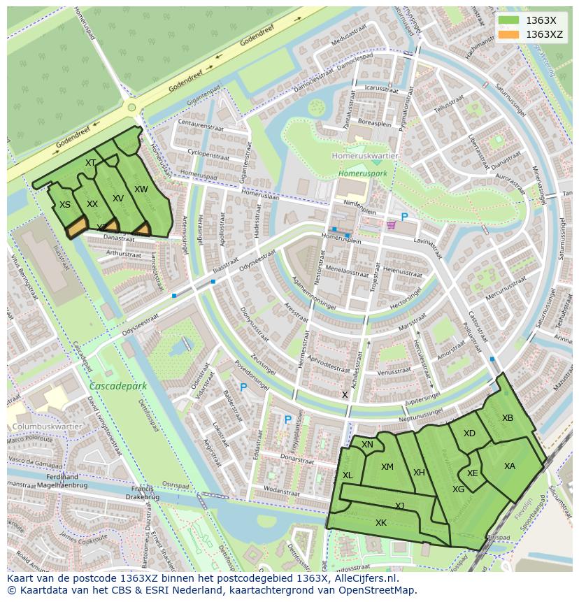 Afbeelding van het postcodegebied 1363 XZ op de kaart.