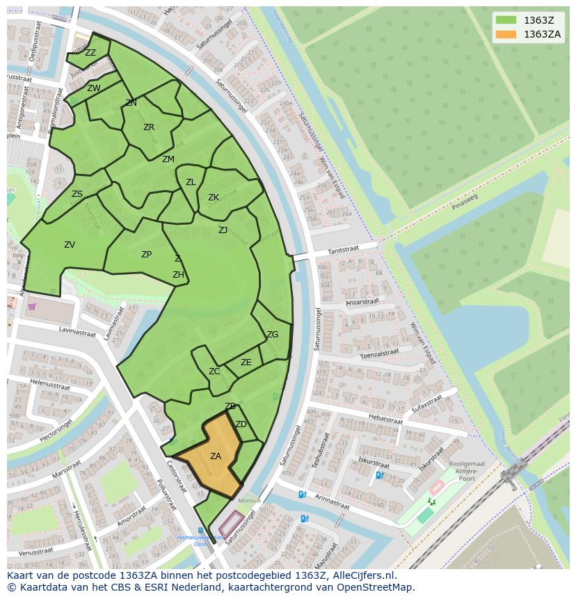 Afbeelding van het postcodegebied 1363 ZA op de kaart.