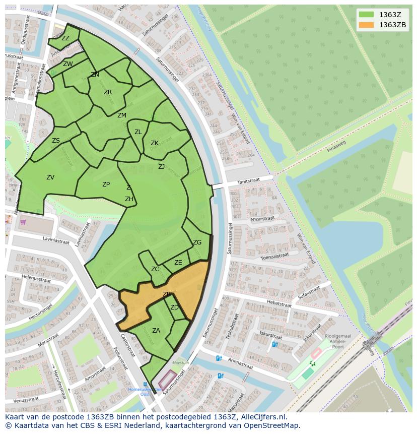 Afbeelding van het postcodegebied 1363 ZB op de kaart.