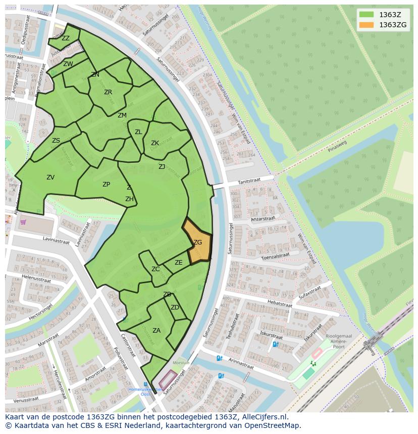 Afbeelding van het postcodegebied 1363 ZG op de kaart.