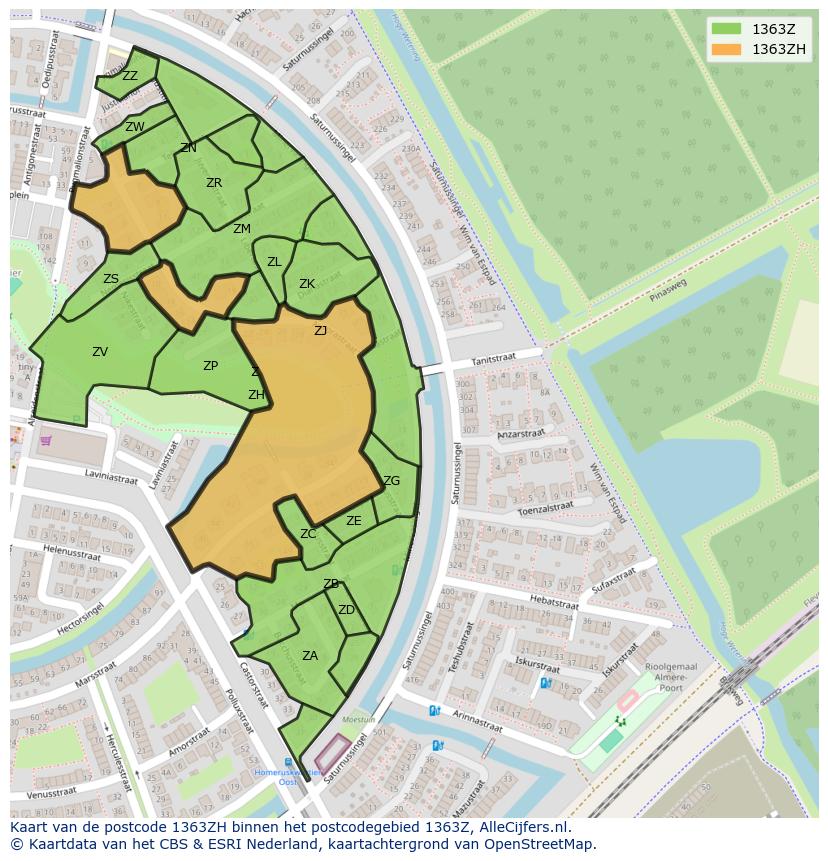Afbeelding van het postcodegebied 1363 ZH op de kaart.