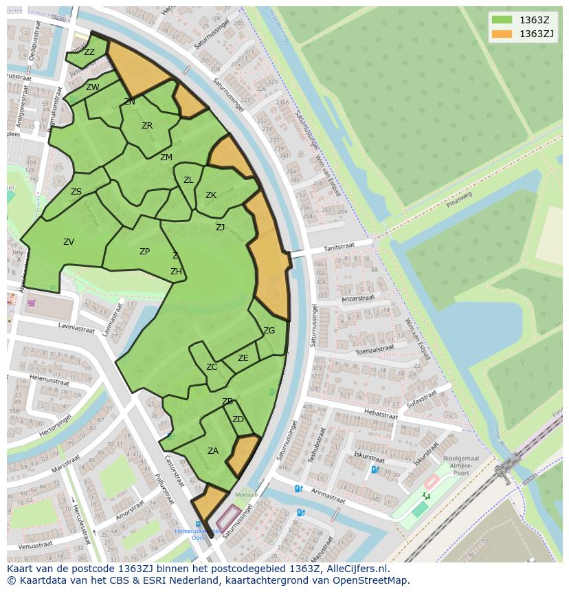 Afbeelding van het postcodegebied 1363 ZJ op de kaart.