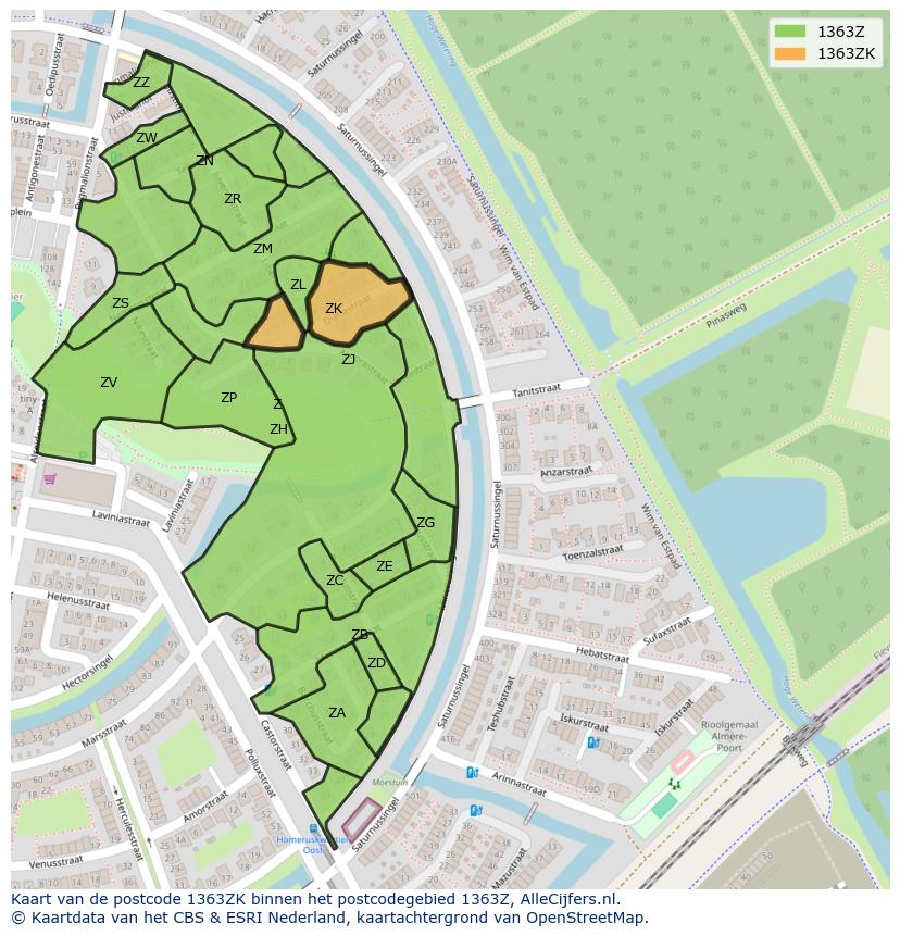 Afbeelding van het postcodegebied 1363 ZK op de kaart.