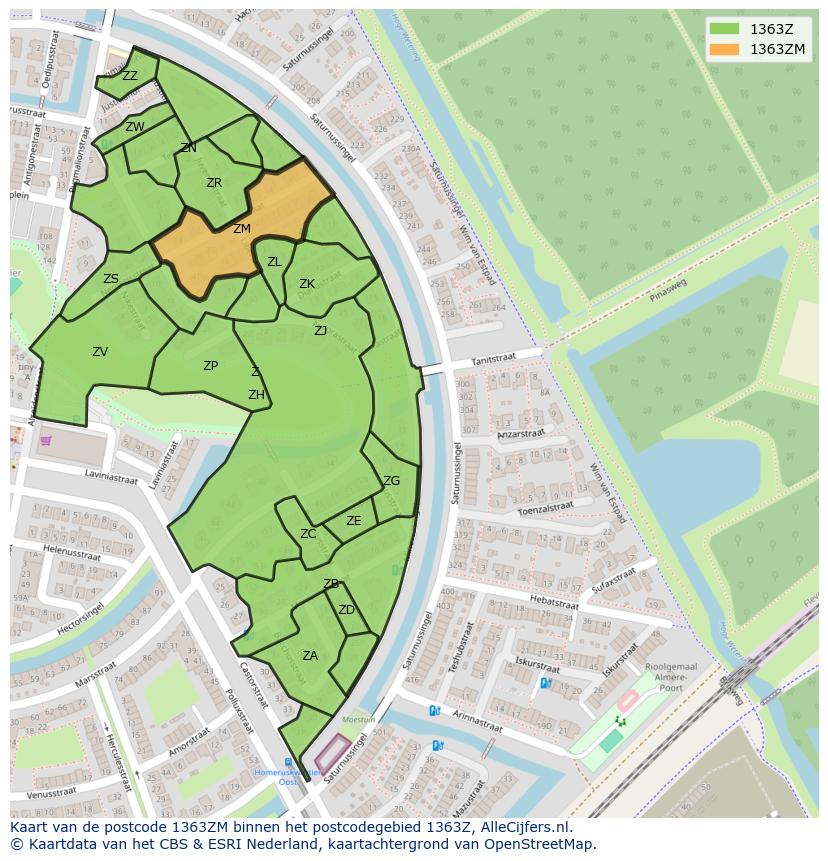 Afbeelding van het postcodegebied 1363 ZM op de kaart.