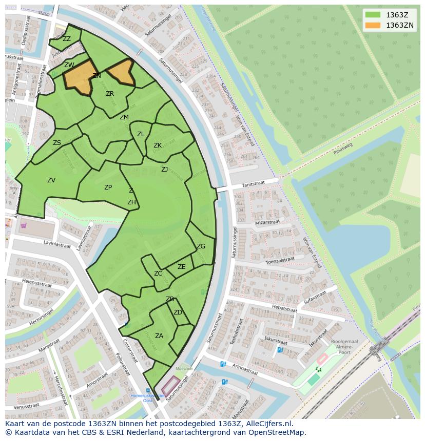 Afbeelding van het postcodegebied 1363 ZN op de kaart.